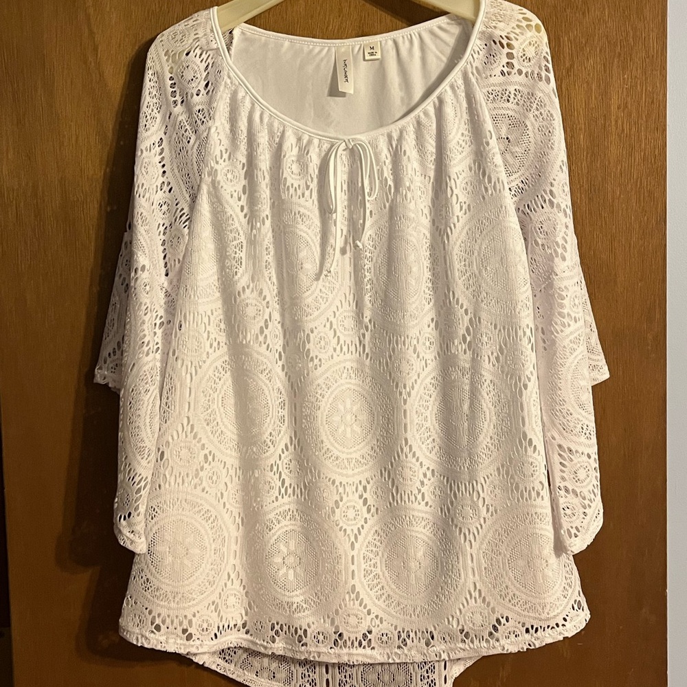 Tacera White Bell Sleeve Lace Blouse